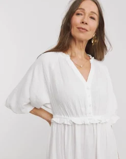 Pure Cotton Textured Bubble Sleeve Maxi Dress