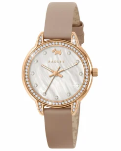 Radley Rose Gold Plated Stone Set Mother of Pearl Pink Leather Strap Watch