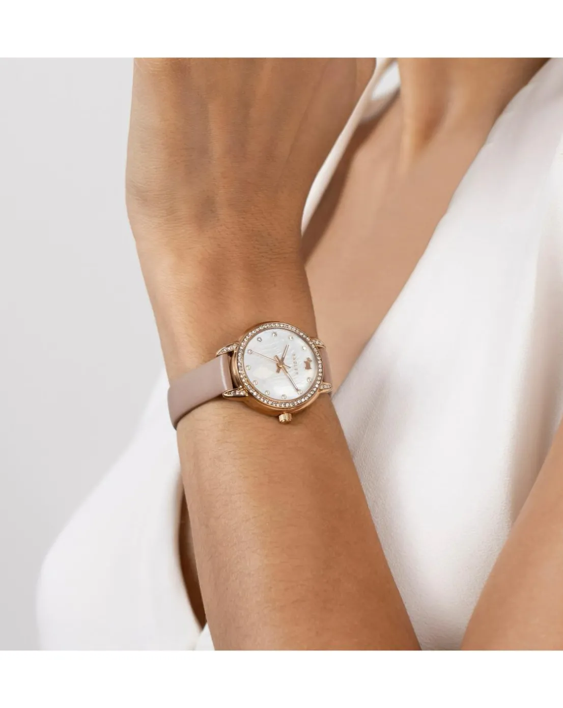 Radley Rose Gold Plated Stone Set Mother of Pearl Pink Leather Strap Watch