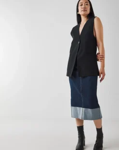 Raw Indigo Stretch Turn Up Midi Denim Skirt