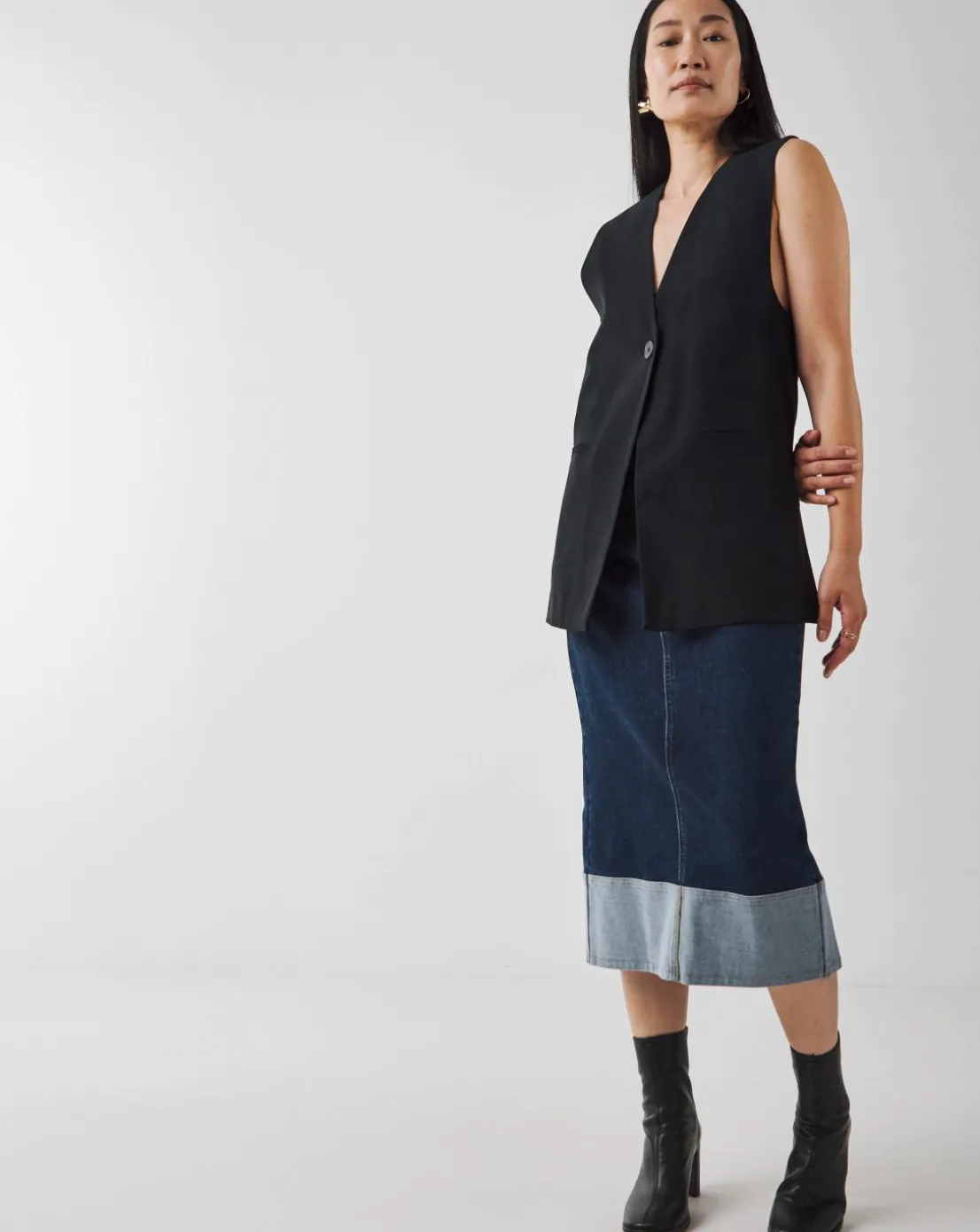 Raw Indigo Stretch Turn Up Midi Denim Skirt