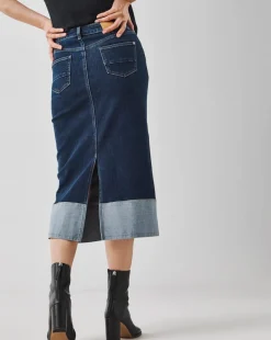 Raw Indigo Stretch Turn Up Midi Denim Skirt