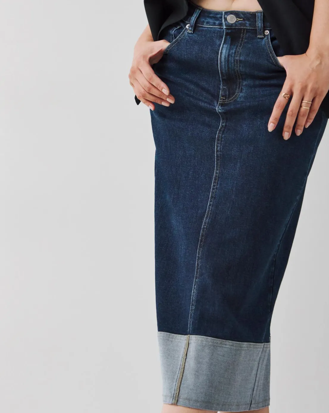 Raw Indigo Stretch Turn Up Midi Denim Skirt