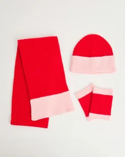 Red Contrast Scarf Hat & Handwarmer Set