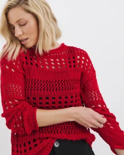 Red Crochet Long Sleeve Jumper