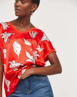 Red Floral Print V Neck Satin Front Top