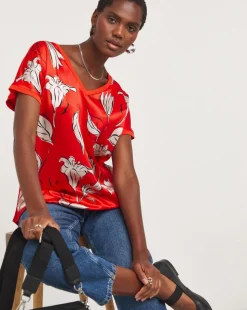 Red Floral Print V Neck Satin Front Top
