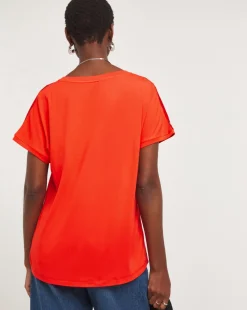 Red Floral Print V Neck Satin Front Top