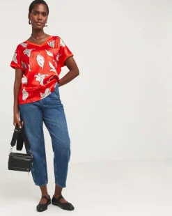 Red Floral Print V Neck Satin Front Top