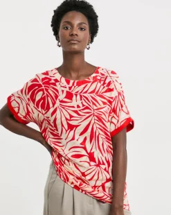 Red Print Woven Front Longline Curved Hem Top