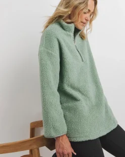 Sage Green Borg Longline Quarter Zip Jacket