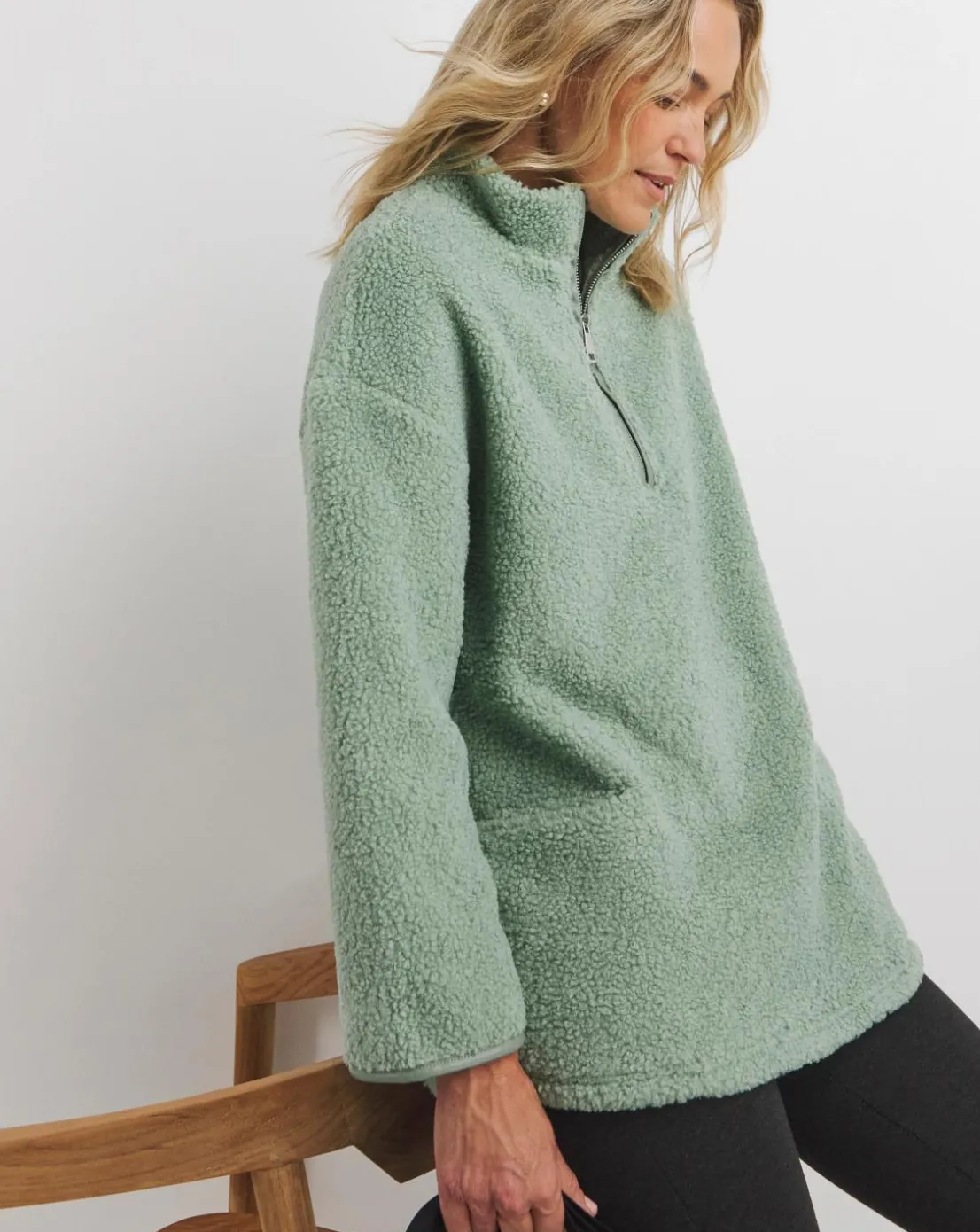 Sage Green Borg Longline Quarter Zip Jacket