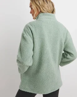 Sage Green Borg Longline Quarter Zip Jacket