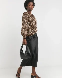 Satin Raglan Sleeve Blouse - Leopard