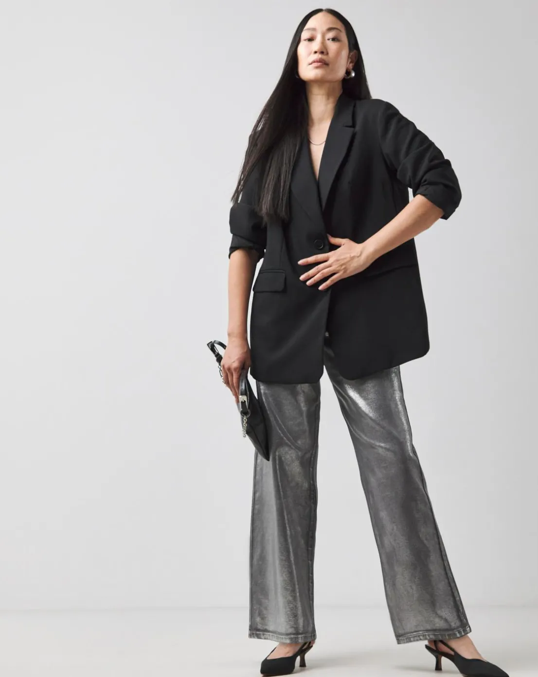 Silver Coated Metallic Wide Leg Jeans