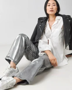 Silver Coated Metallic Wide Leg Jeans