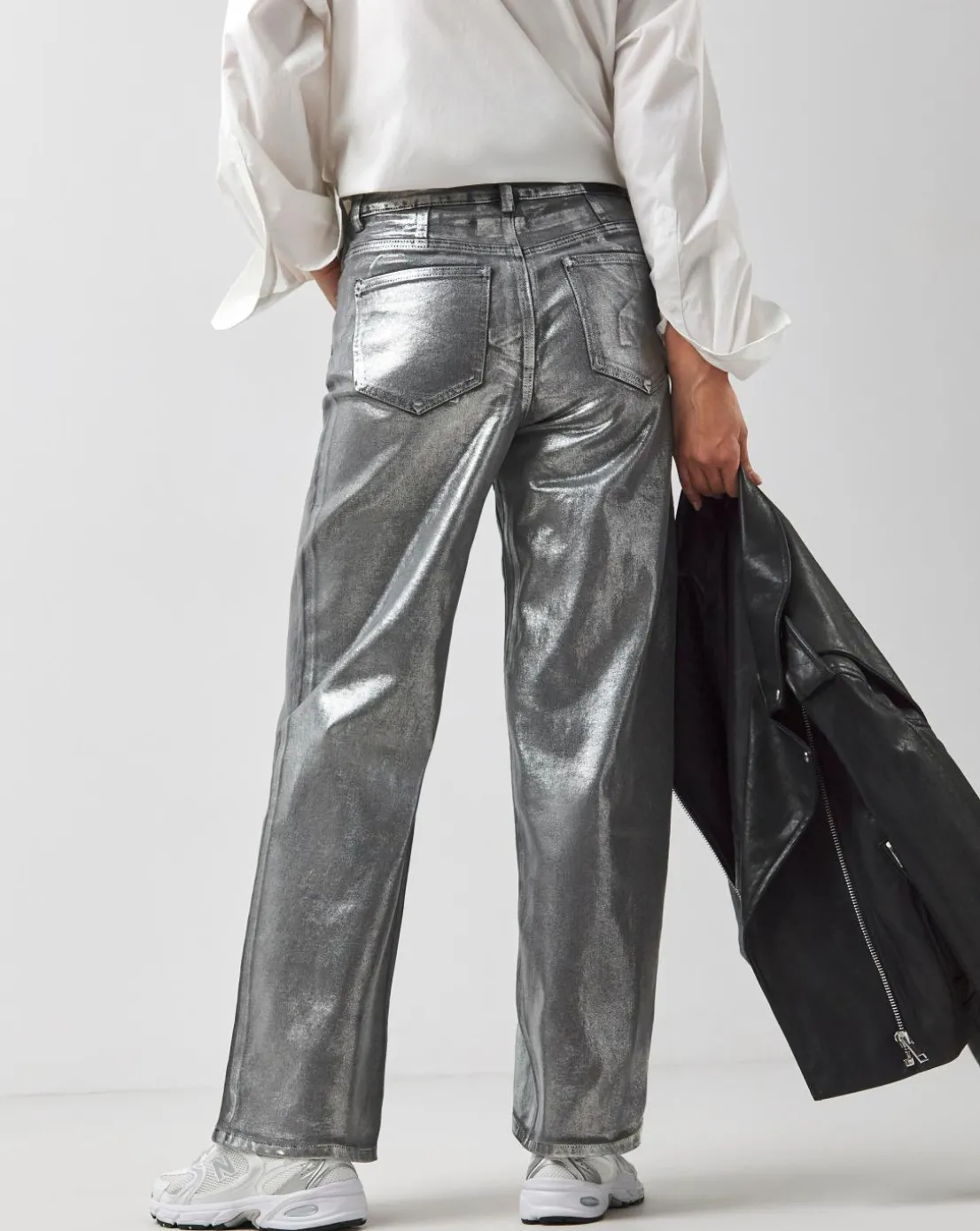 Silver Coated Metallic Wide Leg Jeans