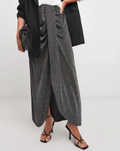 Silver Glitter Striped Jersey Midi Skirt