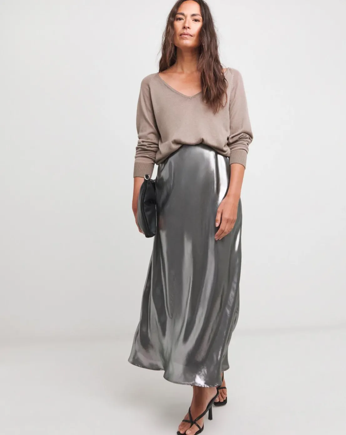 Silver Metallic Pull On Maxi Skirt