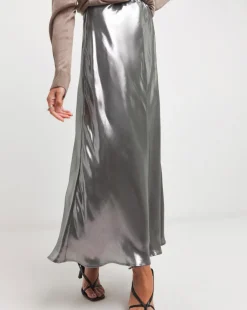 Silver Metallic Pull On Maxi Skirt