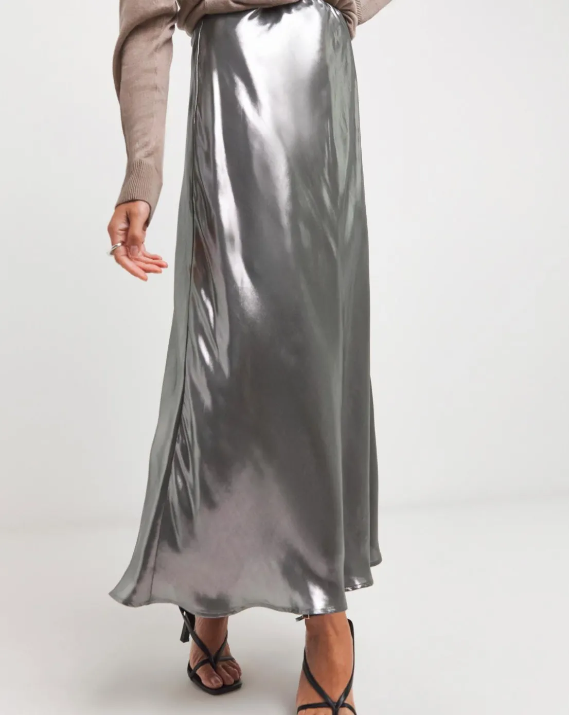 Silver Metallic Pull On Maxi Skirt