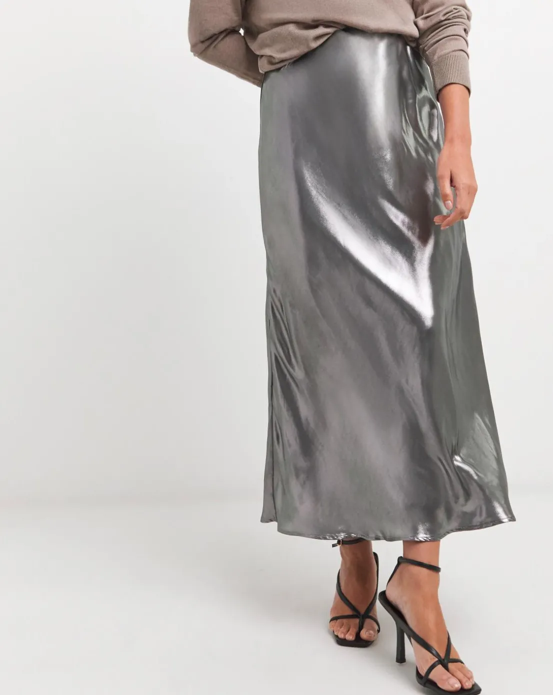 Silver Metallic Pull On Maxi Skirt