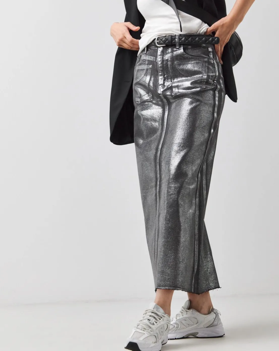 Silver on Black Metallic Coated Column Denim Skirt