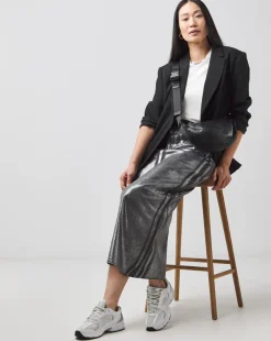 Silver on Black Metallic Coated Column Denim Skirt