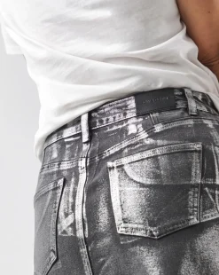 Silver on Black Metallic Coated Column Denim Skirt