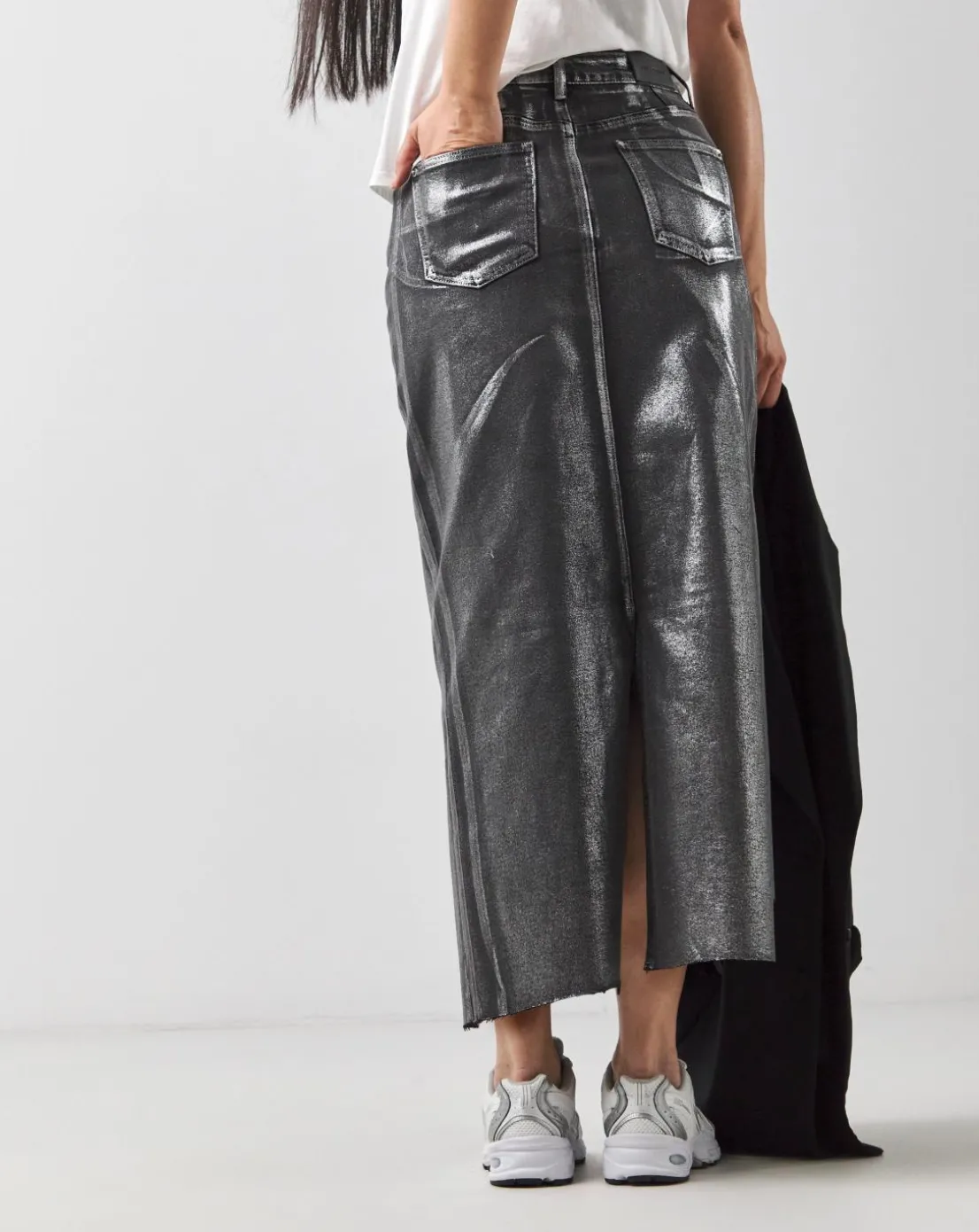 Silver on Black Metallic Coated Column Denim Skirt