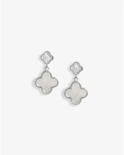 Simply Silver Sterling Silver 925 Pave Mother Of Pearl double drop Clover studs