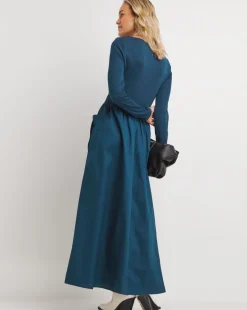 Slash Neck Ribbed Poplin Skirt Dress