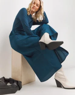 Slash Neck Ribbed Poplin Skirt Dress