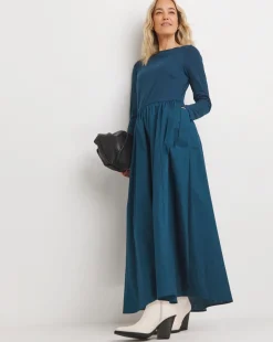 Slash Neck Ribbed Poplin Skirt Dress