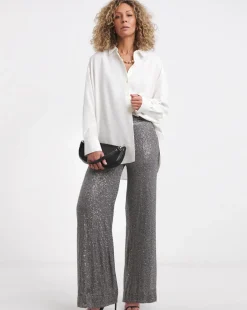 Slate Grey Stretch Sequin Wide Leg Trousers