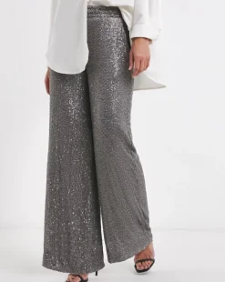 Slate Grey Stretch Sequin Wide Leg Trousers