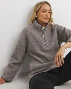 Soft Grey Borg Longline Quarter Zip Jacket