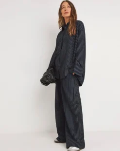Soft Pull On Navy Pinstripe Wide Leg Trousers