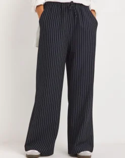 Soft Pull On Navy Pinstripe Wide Leg Trousers