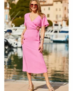 Sosandar Angel Sleeve Wrap Linen Buckle Detail Midi Dress