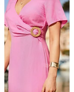Sosandar Angel Sleeve Wrap Linen Buckle Detail Midi Dress