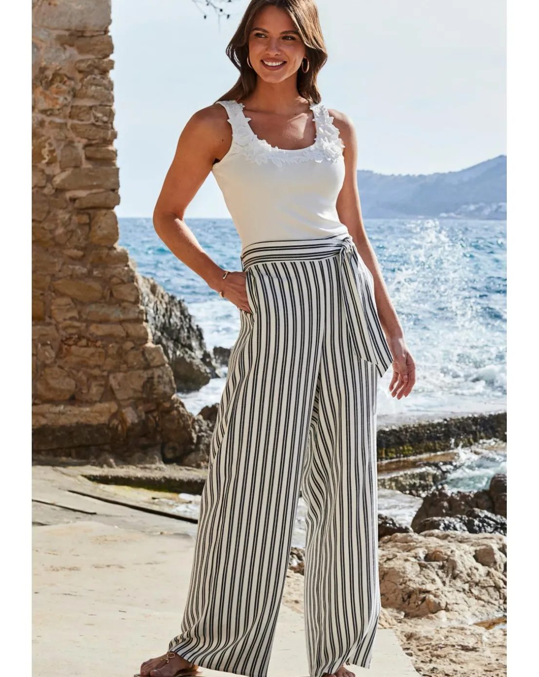 Sosandar Black and White Stripe Wide Leg Trousers