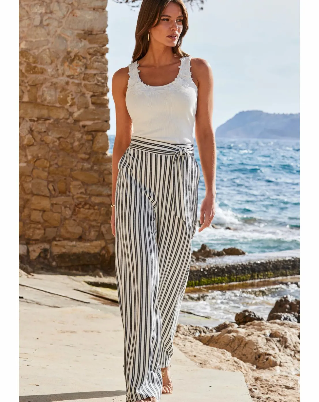 Sosandar Black and White Stripe Wide Leg Trousers