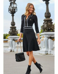 Sosandar Black and White Contrast Trim Zip Front Fit and Flare Jersey Dress