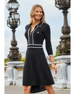 Sosandar Black and White Contrast Trim Zip Front Fit and Flare Jersey Dress