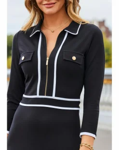 Sosandar Black and White Contrast Trim Zip Front Fit and Flare Jersey Dress