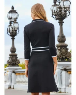 Sosandar Black and White Contrast Trim Zip Front Fit and Flare Jersey Dress