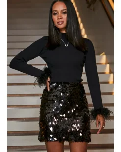 Sosandar Black Feather Cuff Ribbed Jumper