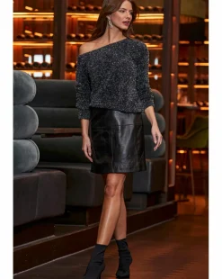 Sosandar Black Tinsel Yarn Off the Shoulder Jumper