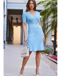 Sosandar Blue Gold Button Flippy Hem Knit Dress